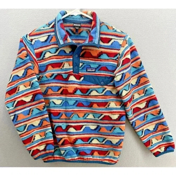 Patagonia Lightweight Synchilla Snap-T Pullover Fleece Blue Red Youth Size M - Picture 1 of 12